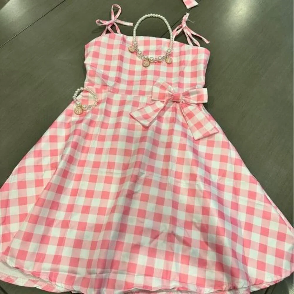 New: 50’s pink plaid dress‎ w jewelry & bows (9-10 years old)